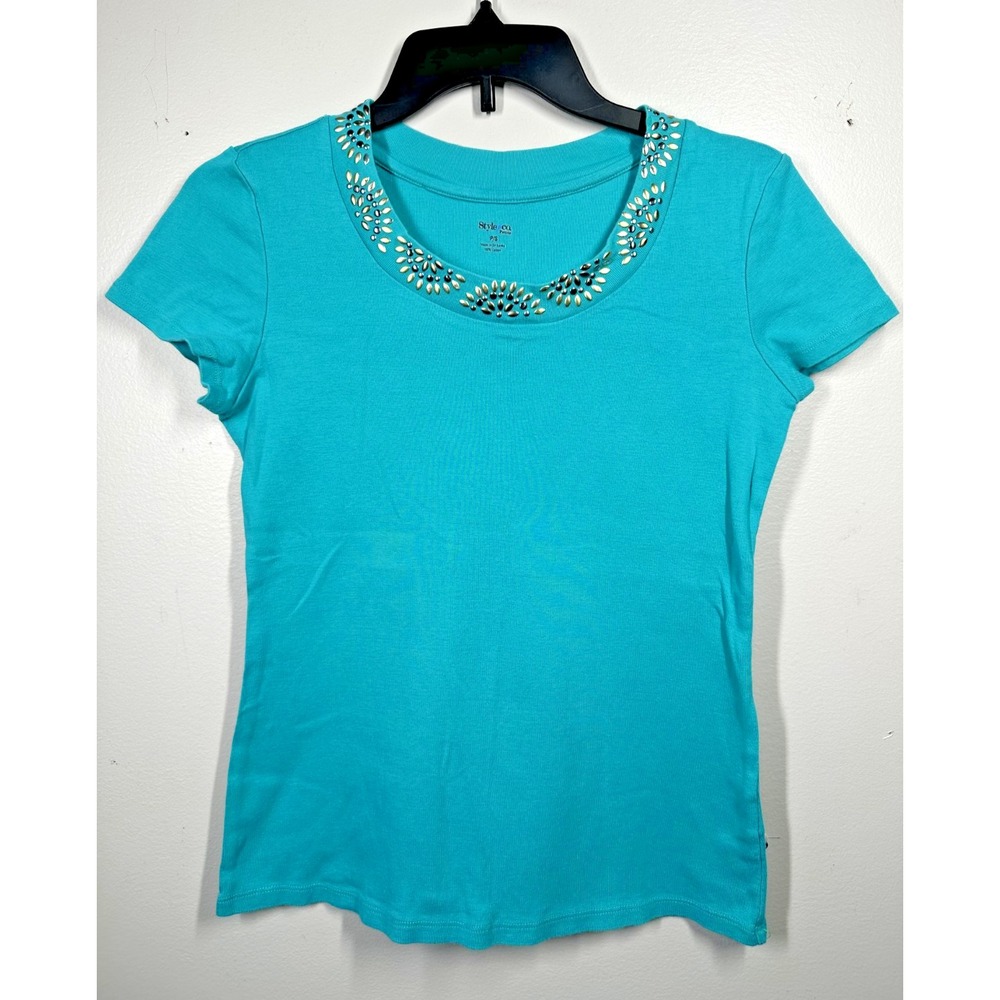 Style & Co Petite Small T-Shirt Womens Blue 100% Cotton Short Sleeve Beaded Top